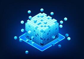 Blockchain technology, a series of separate square boxes that represent the technology of storing data in a network through computer encryption. The recorded data will be transmitted on the network. vector