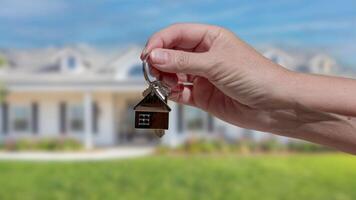 Woman Holds Out New House Keys and House Shaped Keychain In Front of New Home. video