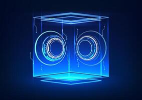 Hologram technology background, projection, and technology circle convey modern innovation that provides access to visual information in 3D. illustration, poster, wallpaper. vector