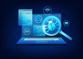 Security technology Using virus scanning software on computers to prevent theft and destruction of important data. Laptop with magnifying glass for viewing insect viruses and icons. vector