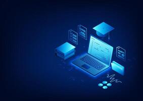 Education Technology Background, Computer with a Graduation Cap on Top Conveys the Use of Technology in Education and Skill Development, Suitable for Learning and Educational Innovation. vector