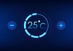 Technology background of temperature screen with plus and minus signs for temperature adjustment, numbers inside technology circle, illustration, wallpaper, blue tone vector