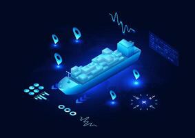Transport ship using AI technology, with surrounding elements about transportation innovation, conveying the development in the transportation and logistics industry, suitable for technology. vector