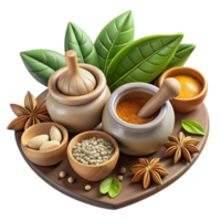 impressive rustic Ayurvedic Herbs and Spices Isolated Flat Lay 4K png
