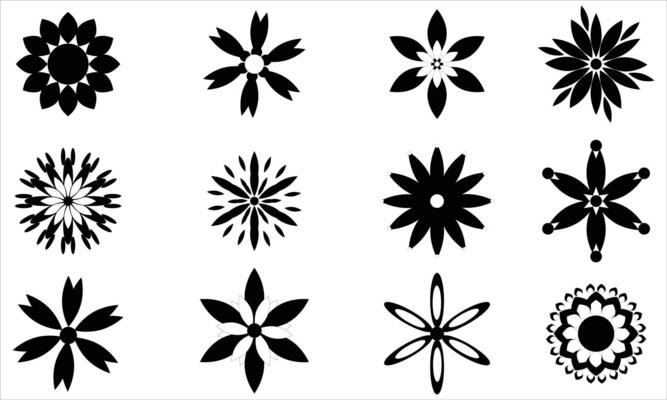 Flowers black-white icons Illustration set
