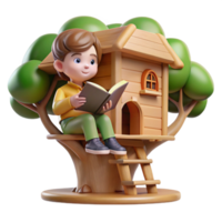 serene rustic Child Reading Book in Treehouse Cutout high quality png