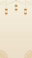 Simple Stunning Soft Beige Looping Animation Islamic Art Blank Vertical Background Design Featuring Gold Lanterns and Mandala Patterns video