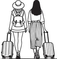 Two Girls Traveling with Luggage and Backpack. vector