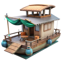 serene traditional Floating Houseboat with Deck and Canopy Isolated exclusive png