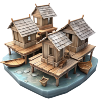 elegant rustic Floating Village with Wooden Huts Isolated authentic png
