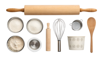 Baking tools displayed on a clean surface png
