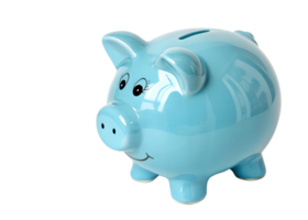 Bright blue piggy bank for saving coins png