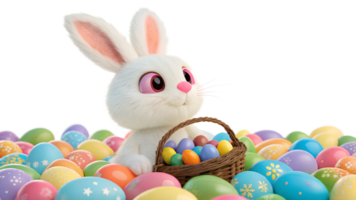 Bunny gathers colorful eggs in spring png