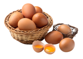 Basket of fresh brown eggs with cracked shells png