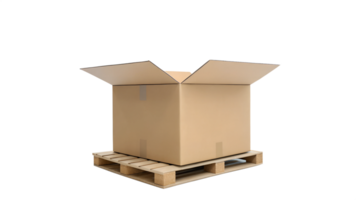Large cardboard box sits on wooden pallet png