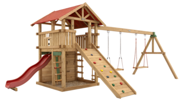 Wooden playground set with swings and slide png
