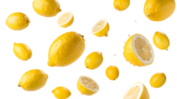 Fresh lemons floating in bright white background png