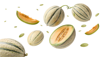 Fresh melons and seeds floating in the air png