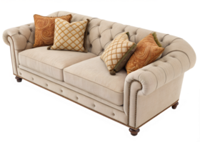 Elegant tufted couch with decorative cushions png