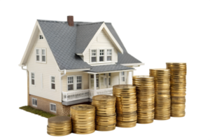 Model home with coin stacks as investment png