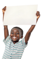 Smiling child holds blank sign with joy indoors png