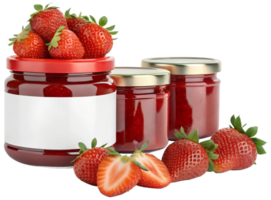 Fresh strawberries and jars of homemade jam png