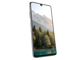 Phone displaying mountain and lake view png