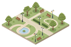 Serene park layout with paths and benches png