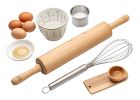 Baking tools and ingredients arranged on a table png