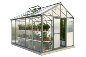 Modern greenhouse with diverse plants and pots png