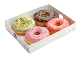 Colorful donuts in a cardboard box at a bakery png