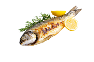Grilled fish garnished with lemon and herbs png