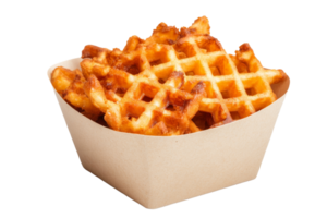 Delicious golden waffle fries in a paper container png