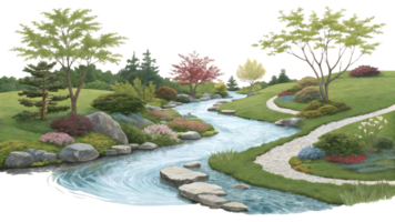 Serene garden with stream and paths png