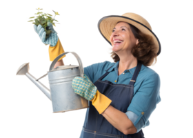 Happy gardener watering plants with joy in spring png