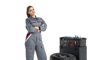Skilled mechanic posing confidently in workshop png