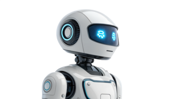 Robot with glowing display engages in conversation png