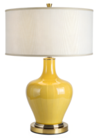 Stylish yellow lamp with white shade on display png