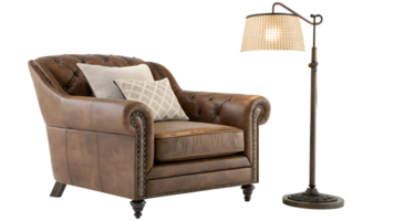 Cozy leather armchair with modern lamp in setting png