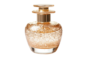 Elegant perfume bottle with golden glitter design png