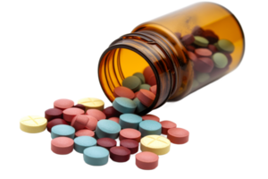 Pill bottle spills colorful tablets png
