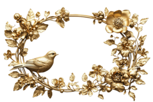 Golden floral frame featuring a bird and flowers png
