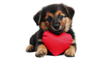 Cute puppy holds red heart toy in playful pose png