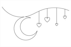 Moon icon one line drawing and isolated continuous outline Islamic background vector