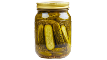 Jar of pickles sitting on a table in bright light png