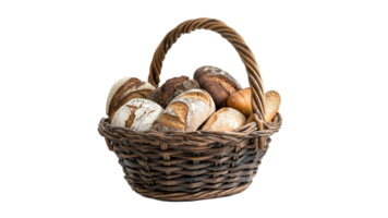 Freshly baked bread in a rustic basket displayed png