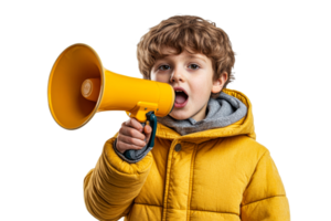 Boy enthusiastically uses yellow megaphone indoors png