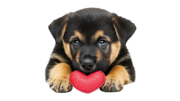 Puppy with red heart toy displays affection png