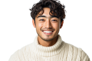 Smiling man in cozy sweater with curly hair png