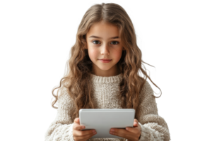 Young girl holds tablet with a focused expression png